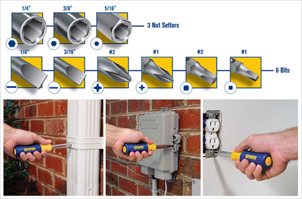 Отвертка 9 в 1 (6 бит + 3 головки в рукоятке, IRWIN, ( 2051100CD )